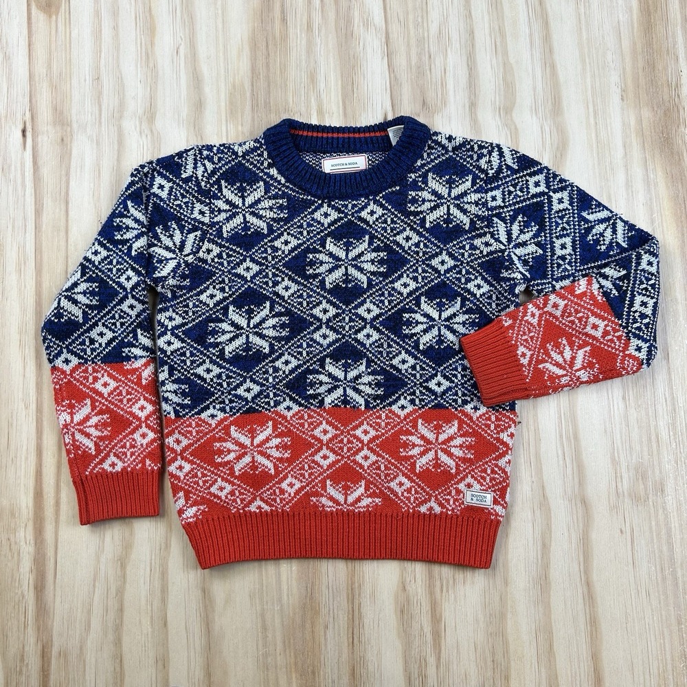 Scotch Soda Kids Size 8 Blue Red White Nordic Snowflake Acrylic Sweater